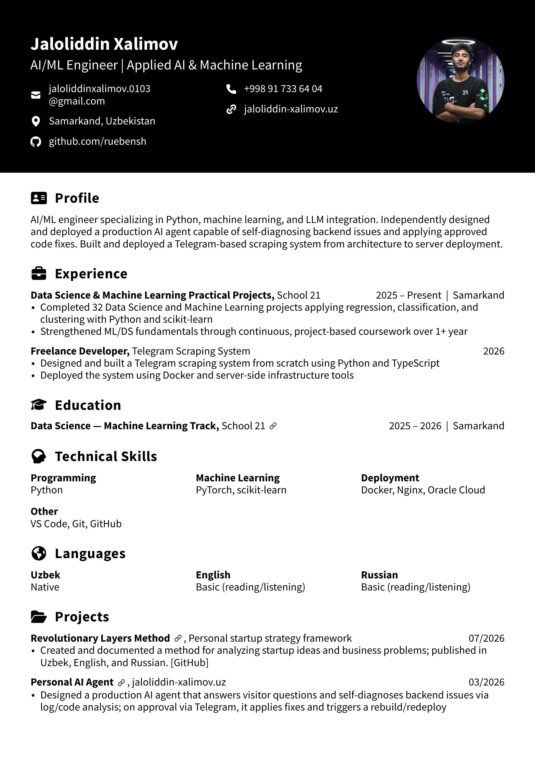 Jaloliddin Xalimov CV Document Preview